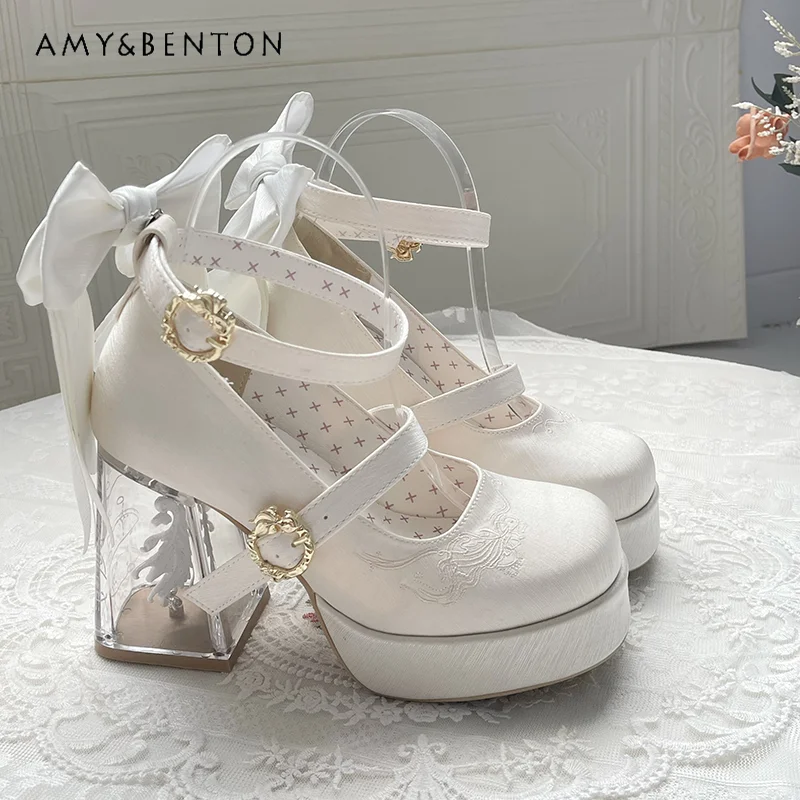 Lolita Shoes Elegant Ballet Style Flower Embroidery Round Head High Heel Waterproof Table Bow High End Satin Mary Jane Shoes