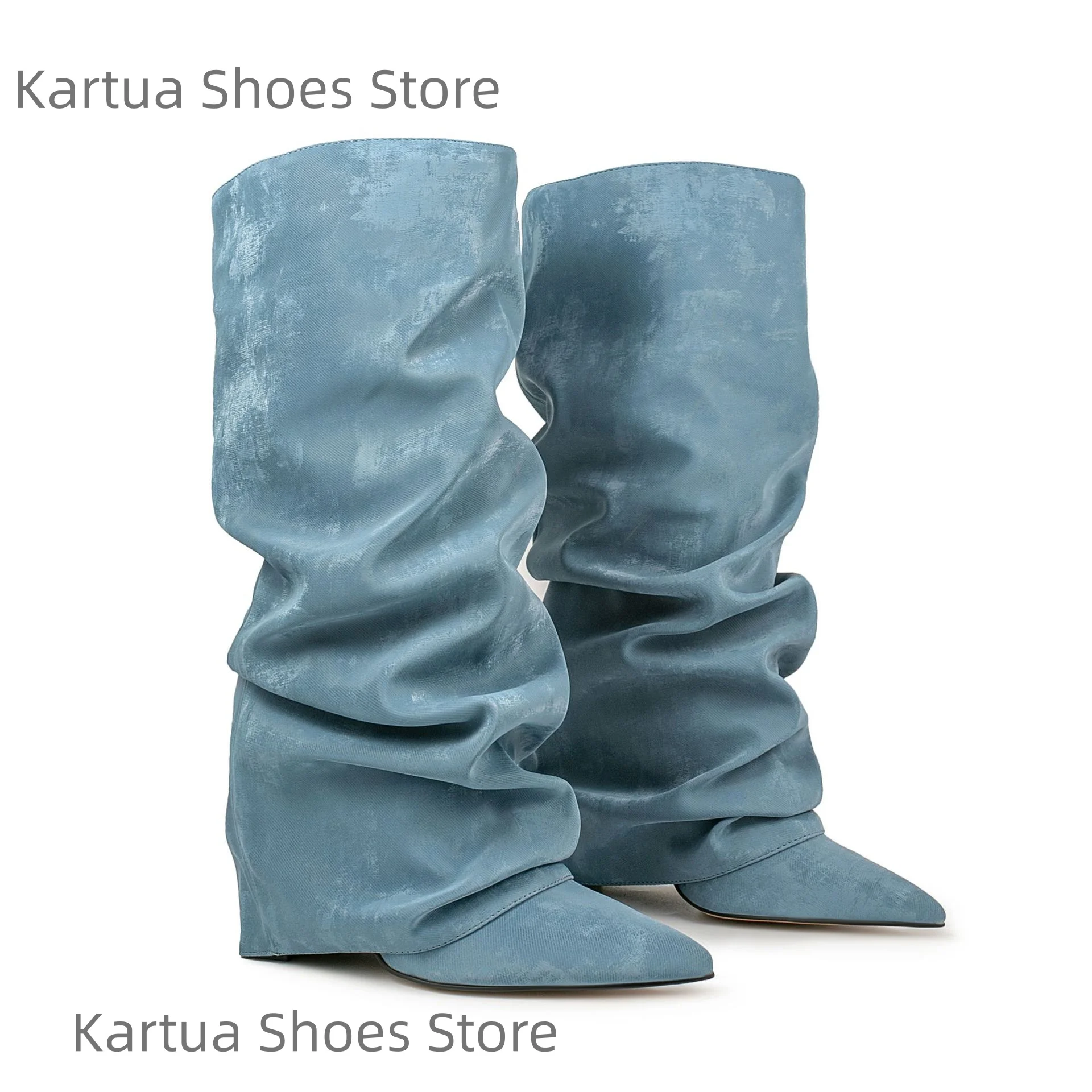 

Женские синие сапоги до колена с напуском, дизайнерские ботинки с острым носком на низком каблуке, повседневные очаровательные женские ботинки в стиле ретро, классические уличные офисные сапоги средней длины