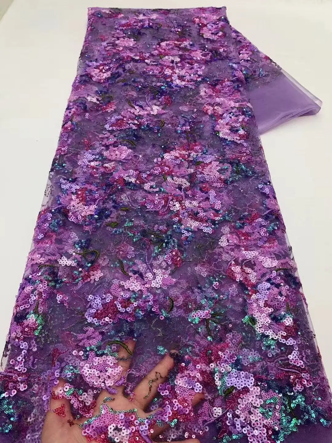 

Purple French Sequins Net Lace Fabric 2025 High Quality African Beaded Lace Fabric Nigerian Embroidery Wedding Party Lace Fabric