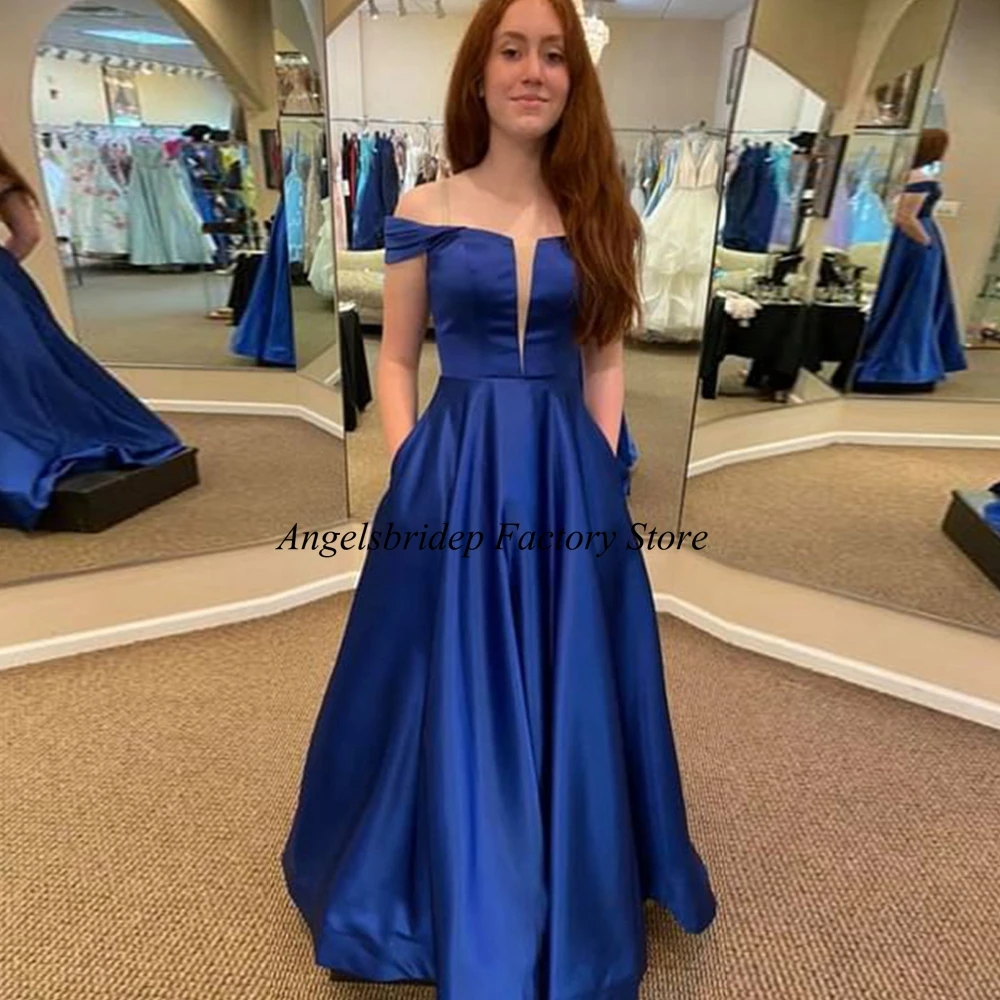 Angelsbrip sexy royal azul longo vestidos de baile 2022 cetim rendas até o chão vestido de festa formal para as mulheres vestes de soirée