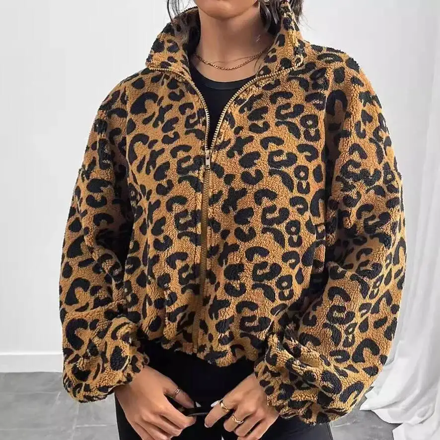 

Flash Fleece Loose Cardigan Zipper Leopard Print Plush Autumn Winter New Arrival Women's Outerwear Thickened Long Sleeve Coat
