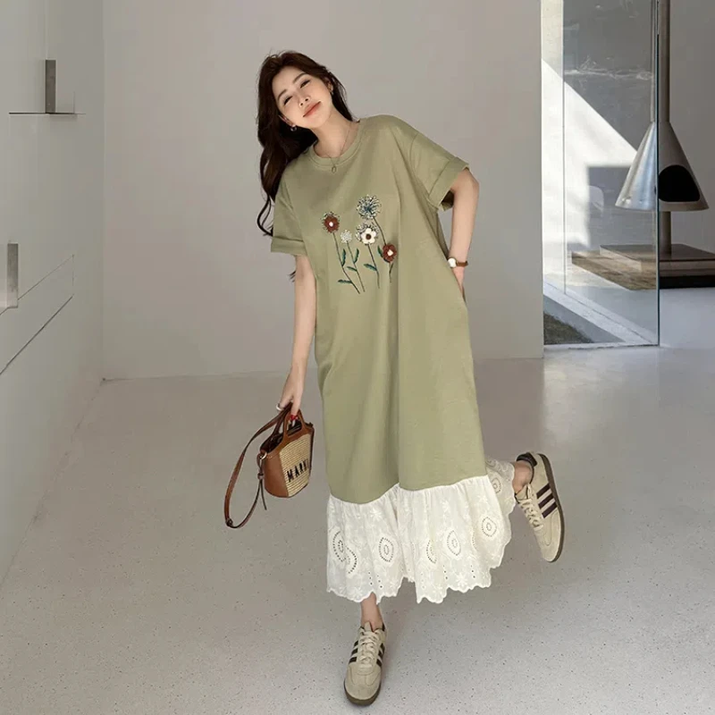 ผู้หญิงหลวมพลัสขนาดเสื้อยืดชุดฤดูใบไม้ผลิฤดูร้อน 2025 Casual Jacquard Patchwork Lady Vestidos KE6805