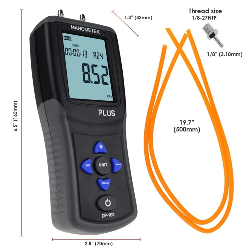 A29F-Manometer Digital Electronic Handheld Differential Pressure Gauge Air Pressure Meter Barometer With Backlit Display