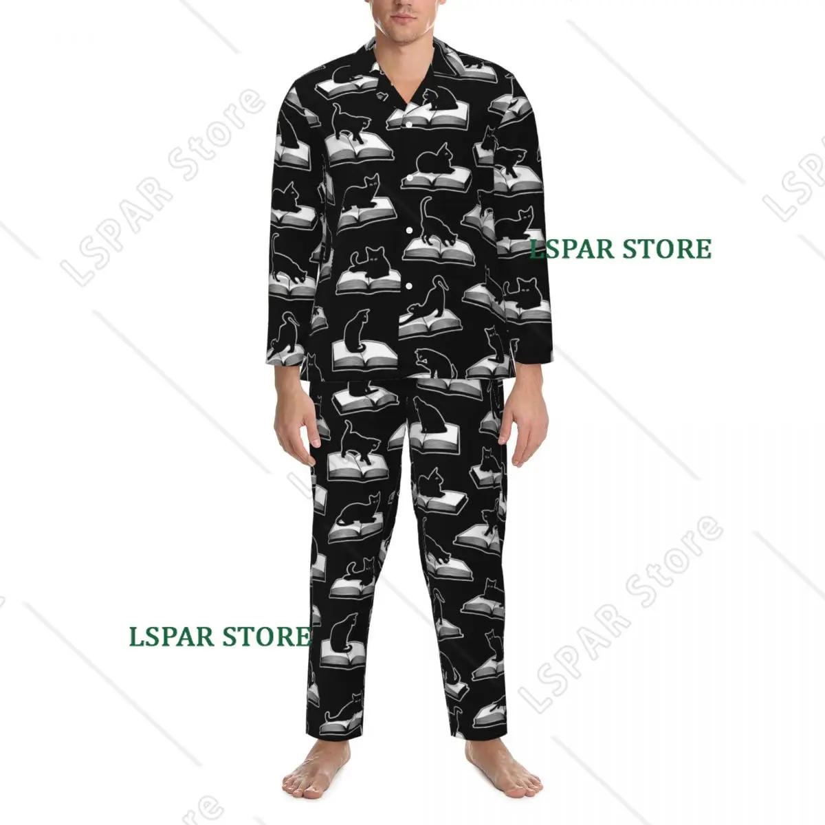 Pajamas Mens Library Cat Leisure Nightwear Black Cats And Books 2 Piece Casual Pajama Set Long Sleeves Warm Oversized Home Suit