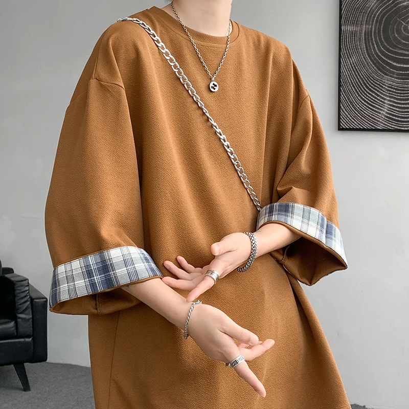 Wiosenne letnie męskie koszulki z lodowego jedwabiu damskie ponadgabarytowe koszulki w kratę koreański styl Casual koszulka z siedmioma rękawami męska