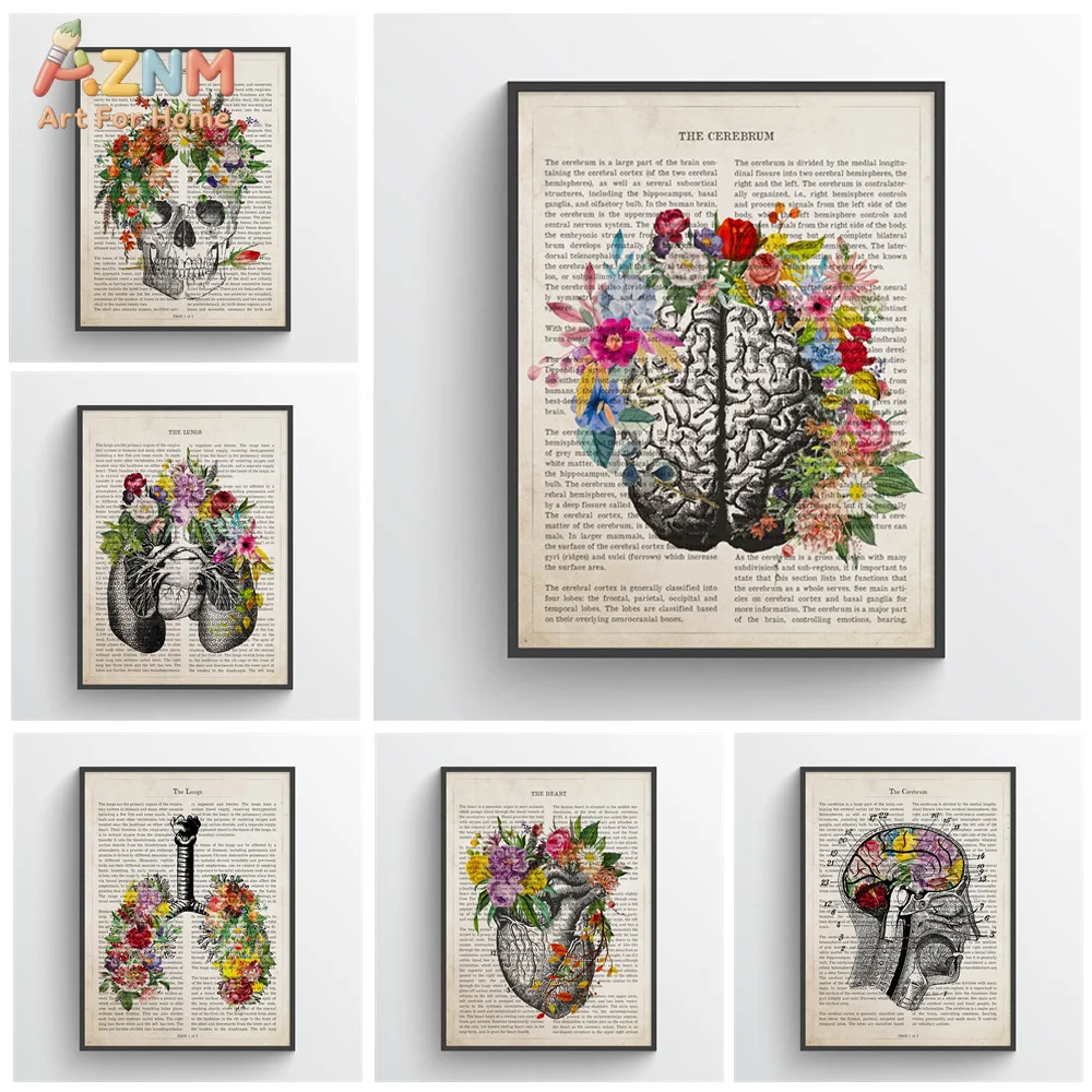 AZNM Vintage Anatomy Floral Canvas Wall Art Brain Heart Lung Skull Flower Medical Book Page Print Unframed Canvas Clinic Office