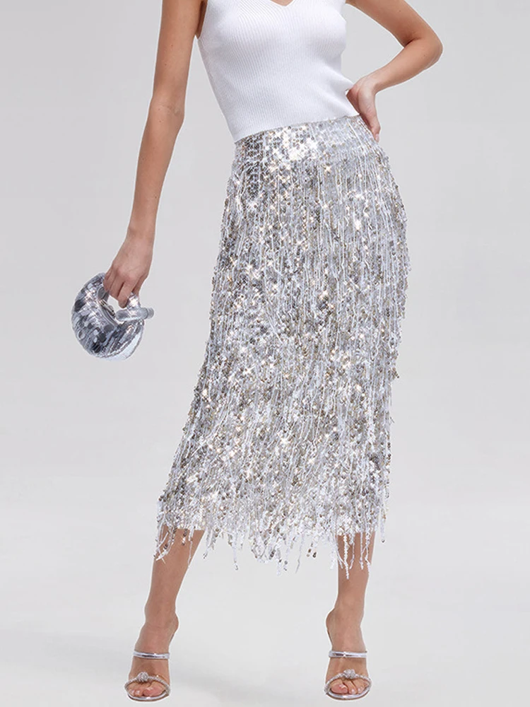 2026 Modischer Fransen-Pailletten-Slim-Fit-Maxirock für Damen – Eleganter, hochtaillierter, einfarbiger Partyrock mit sexy Seitenschlitz