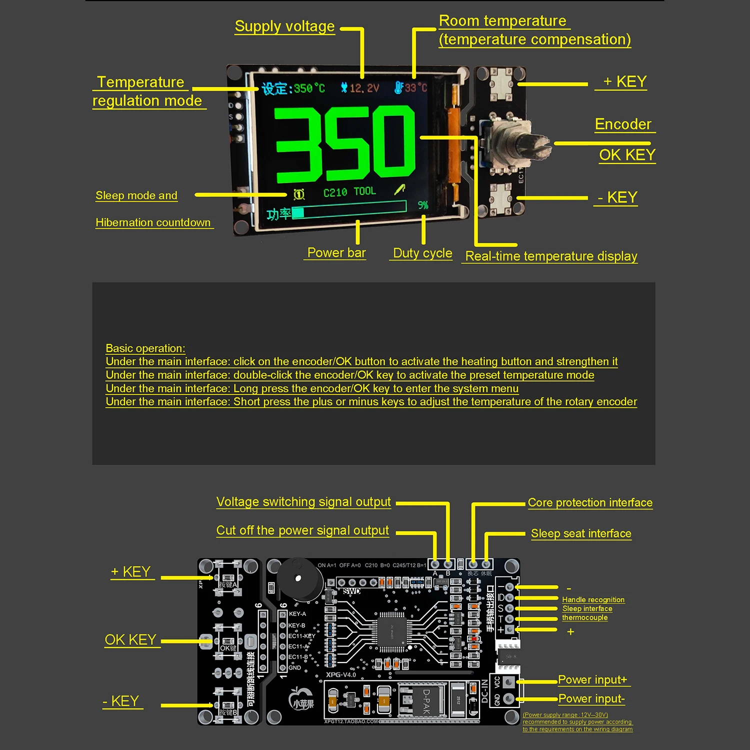 2 Inch T12 Control Board Color Display JBC245 210 936 Digital Soldering Iron Soldering Station Controller FOR 12V 24V HAKKO