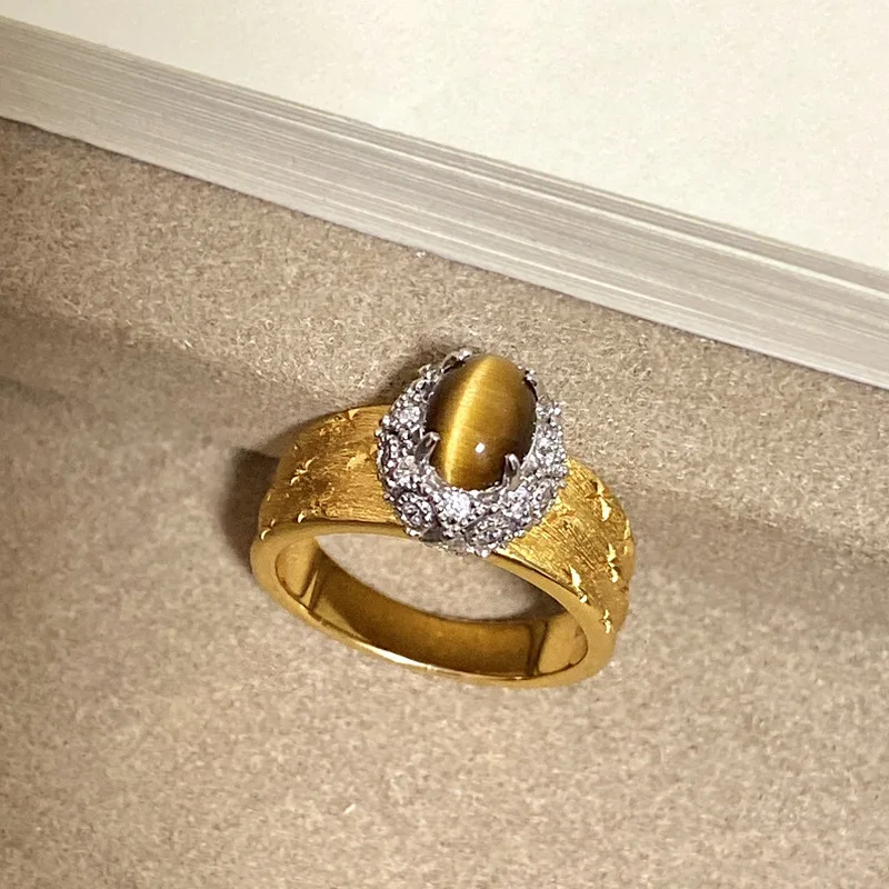 

Кольцо с камнем «Счастливый тигровый глаз» 9999, настоящее золото 24 карата, новое матовое кольцо с бриллиантом и голубиным яйцом