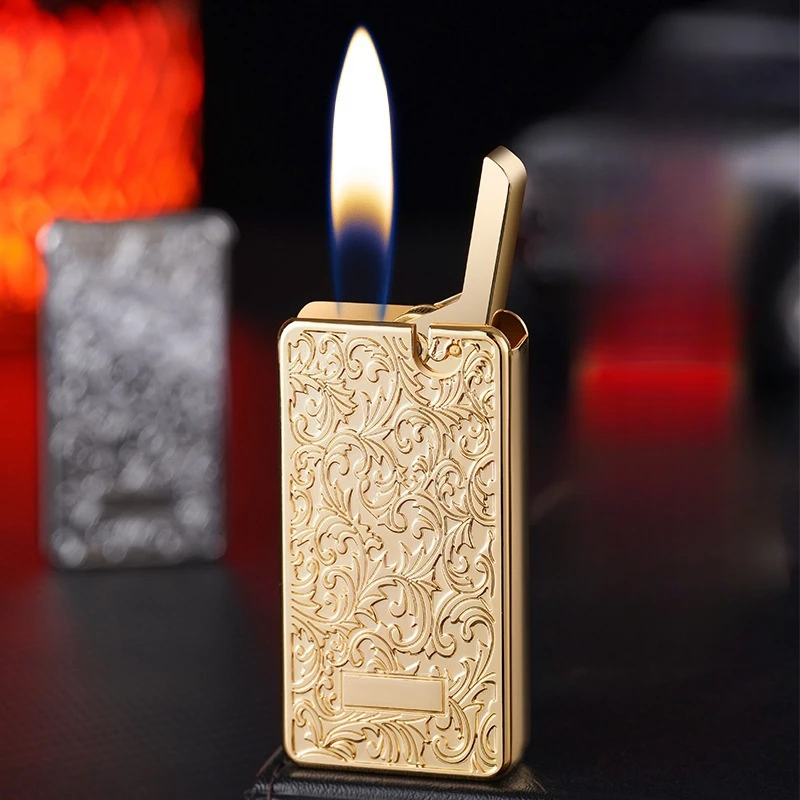 Metal Plating 3D Relief Inflatable Lighter One click Ejection Grinding Wheel Ignition Butane Gas Lighter Smoking Gifts For Men