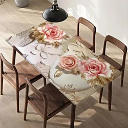 Flower Pattern Rectangular Table Cloth Waterproof Elastic Edged Rectangular Fitted Table Cover for Indoor Outdoor Dinning Decor