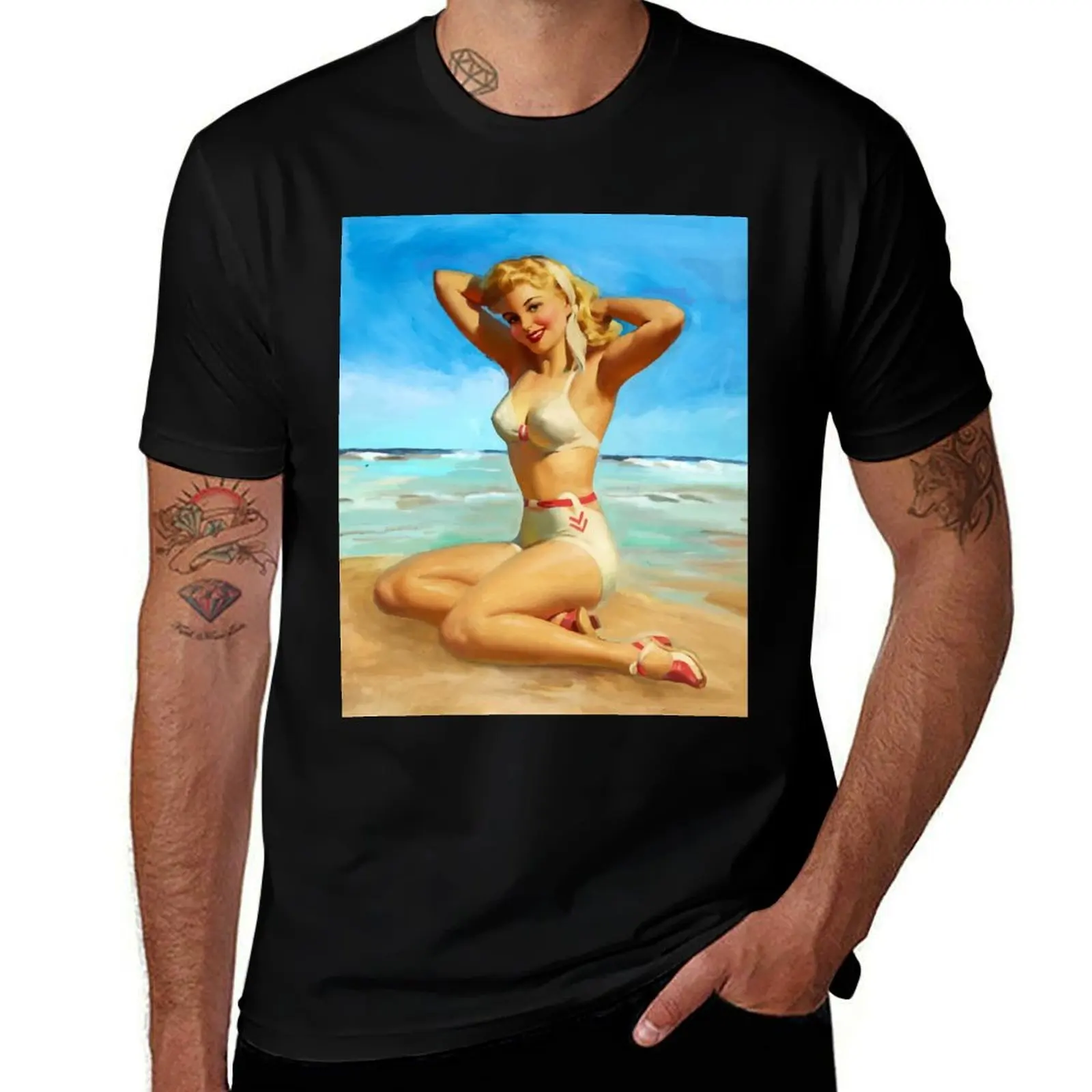 Sexy Pin-Up Lady in Bikini on the Beach T-Shirt Fashion Graphic Tee for Men T-Shirt