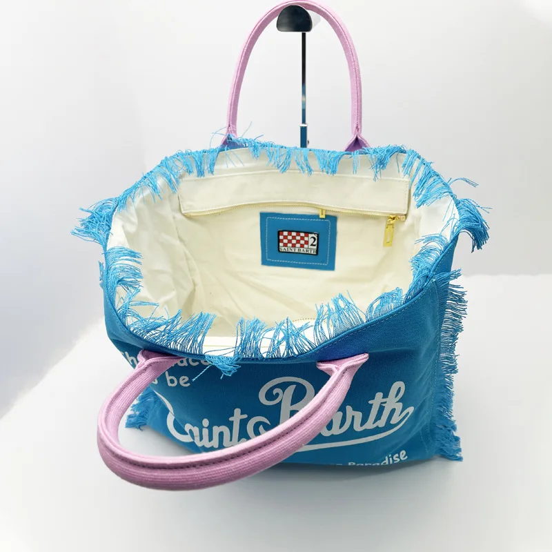 BARTH2024-Sac à Main en Toile pour Femme, Fourre-Tout, Pratique, Plage, Loisirs, Voyage, Grande Capacité, Pompon, Fait à la Main, Nouvelle Collection