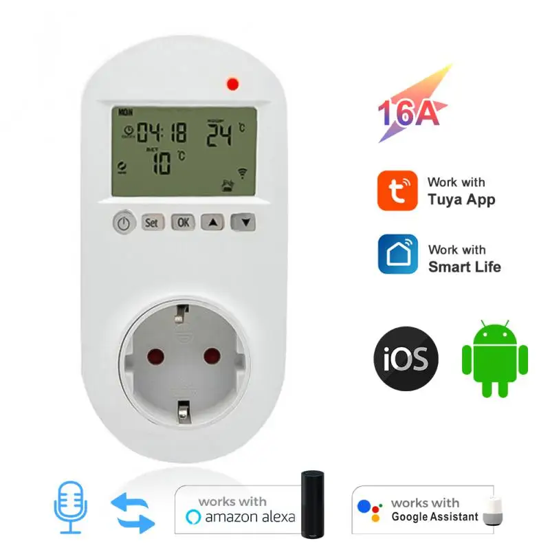 

WiFi Smart Plug 16A Programmable WIFI Electric Heat Thermostat Tuya EU Plug Socket Voice Control Via Alexa Home