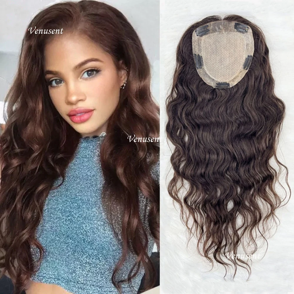 Dark Brown Silk Top Human Hair Topper with Clips In 12x13cm Virgin European Hair Piece Silk Base Wavy Toupee 2cm Pu for Women