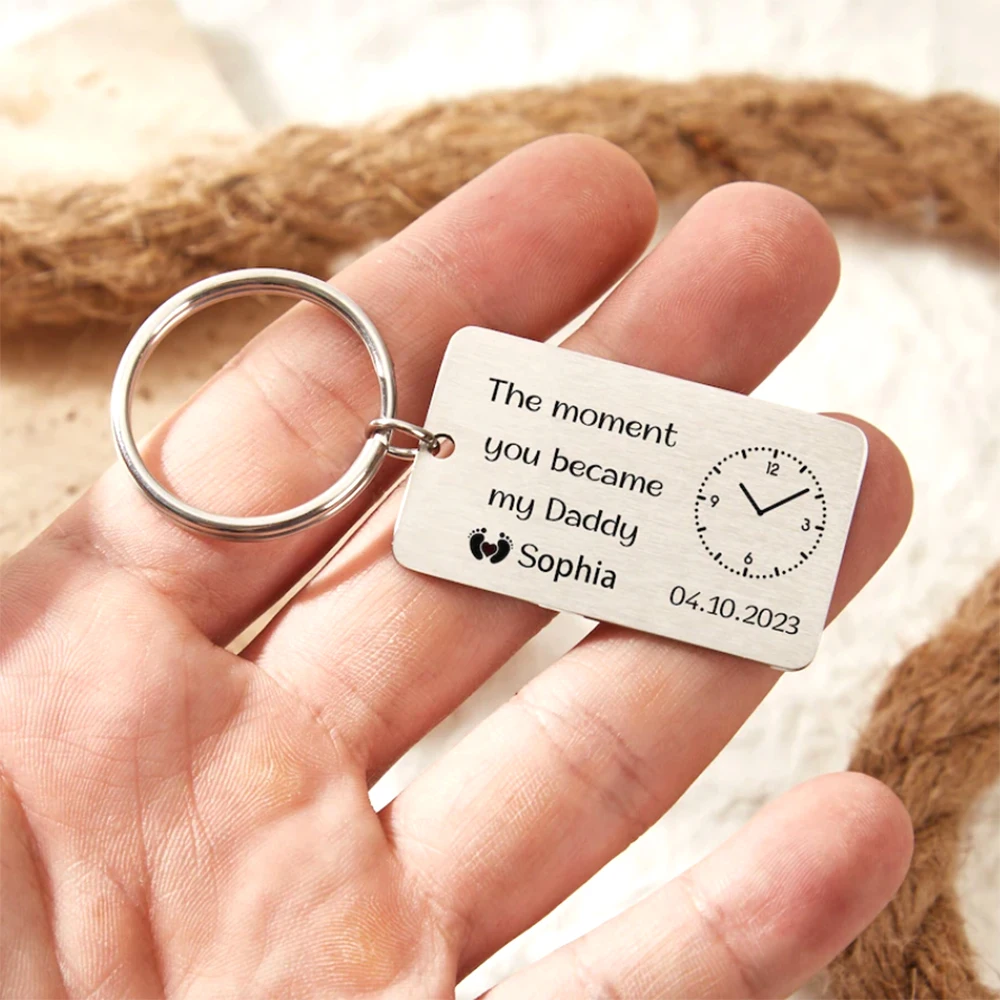 Record Time Keychain, Gift For New Dad, Keychain For Dad, Custom Content Keychain, Stainless Steel Metal Jewelry Gift