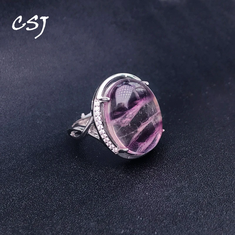 

CSJ Elegant Natural Rainbow Fluorite Ring 925 Sterling Silver Gemstone Oval 13*18mm for Women Party Birthday Jewelry Gift