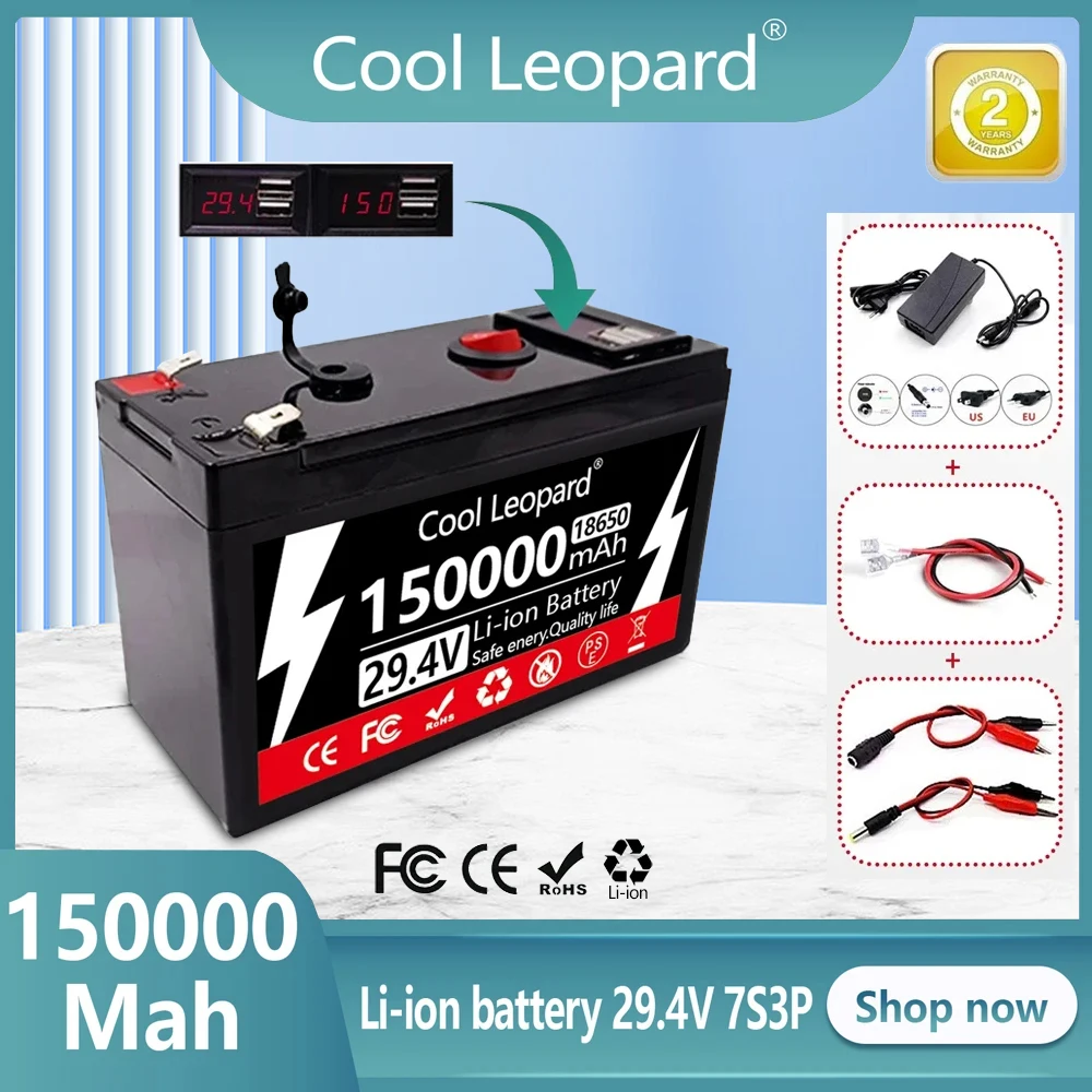 

Hot 29.4v 150ah 18650 Lithium Battery Pack High Current Built-In BMS Built-In 5v 2.1a With USB Power Display Port + Charger