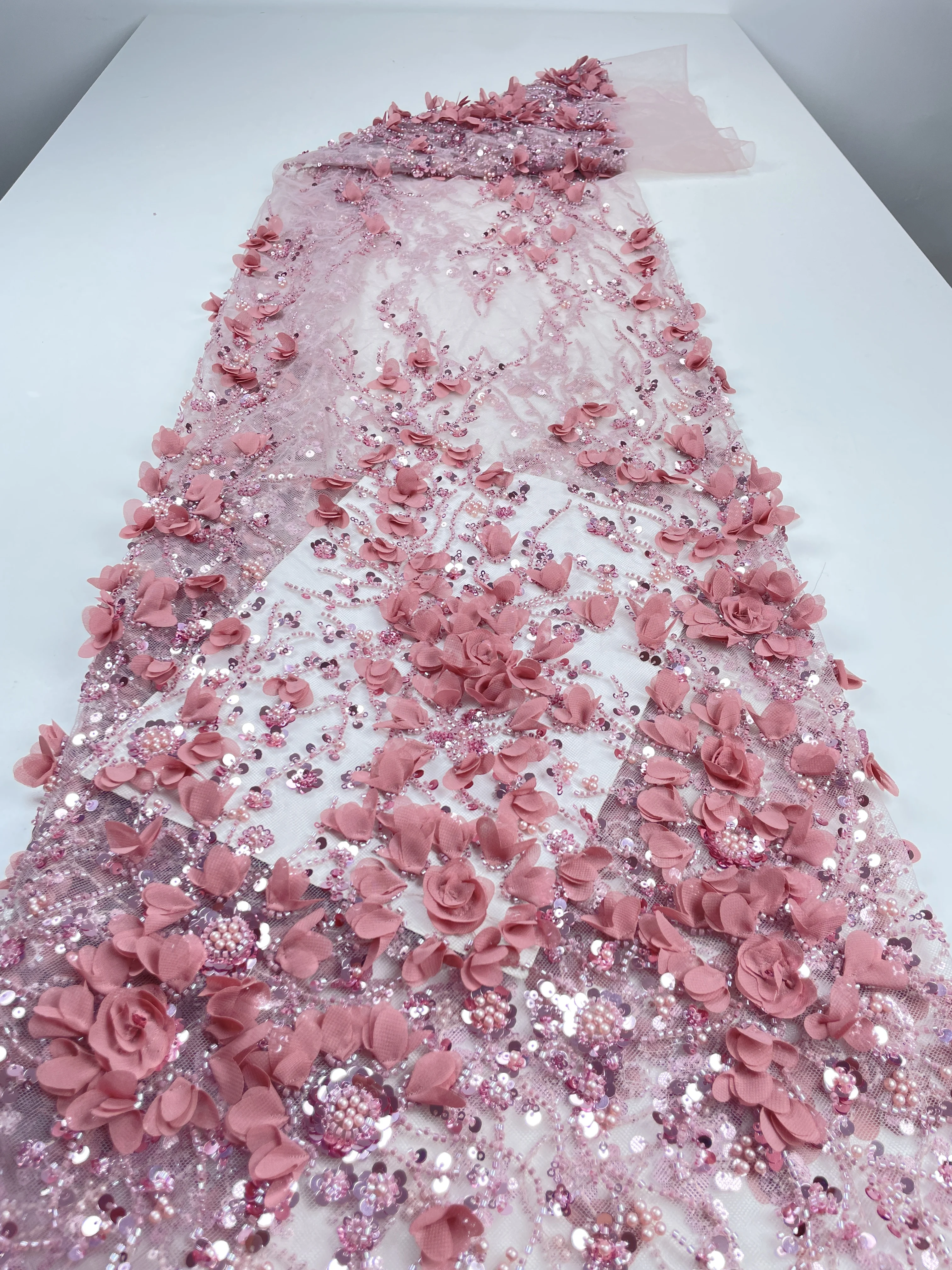 

African 3D Flower Beaded Groom Lace Fabric High Quality French Mesh Lace Fabric Sequins Nigerian Lace Fabrics For Wedding Dress