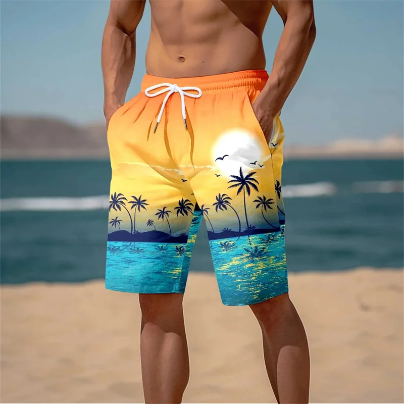 Summer New Harajuku 3D Cocoanut Trees Printing Beach Shorts Palm Tree Graphic Board Shorts For Men Hawaiian Cool Swimming Trunks