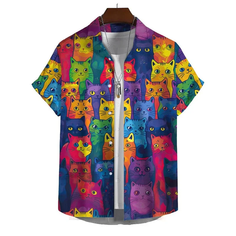3D Printed Cute Cat Hawaiian Shirt For Men Colorful Splicing Pattern Blouse Summer Oversized Lapel Short Sleeves Aloha Shirts