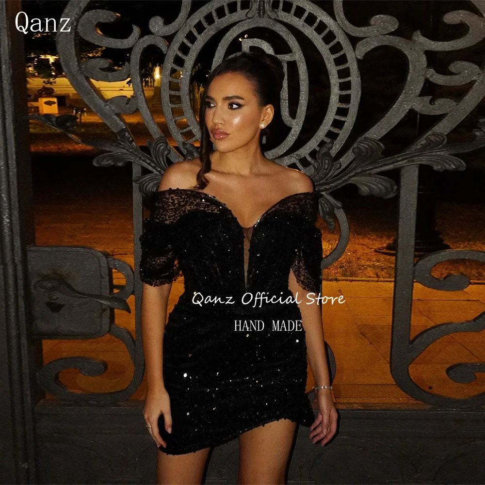 

Qanz Черное блестящее платье для выпускного вечера с блестками и открытыми плечами Мини-коктейльные платья Милая Короткое платье для дня рождения по индивидуальному заказу