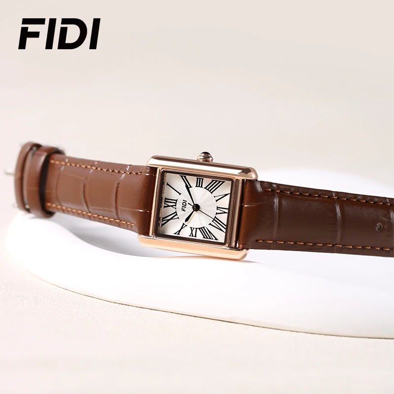 FIDI Women's Quartz Square Watch White Wave Pattern Dial Roman Numerals Leather Strap 30M Water Resistance Elegant Gift FD112