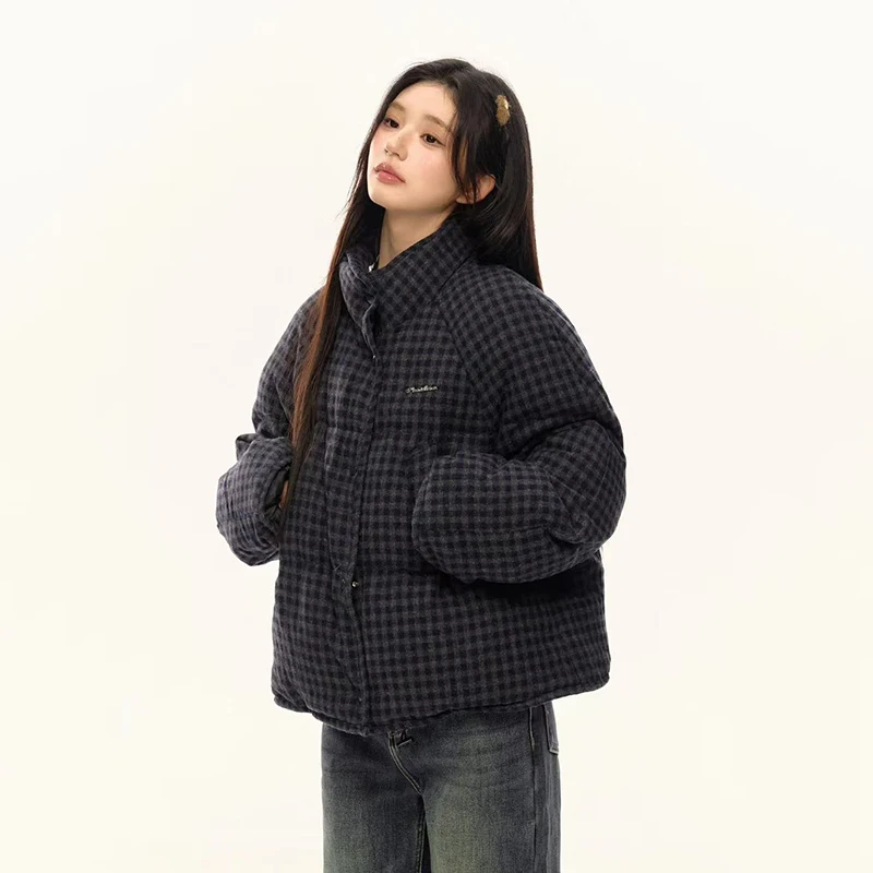 

Ретро клетчатые парки, пальто, женские Y2K, зимние теплые свободные универсальные укороченные пуховики, корейская повседневная верхняя одежда на молнии с хлебом, новинка