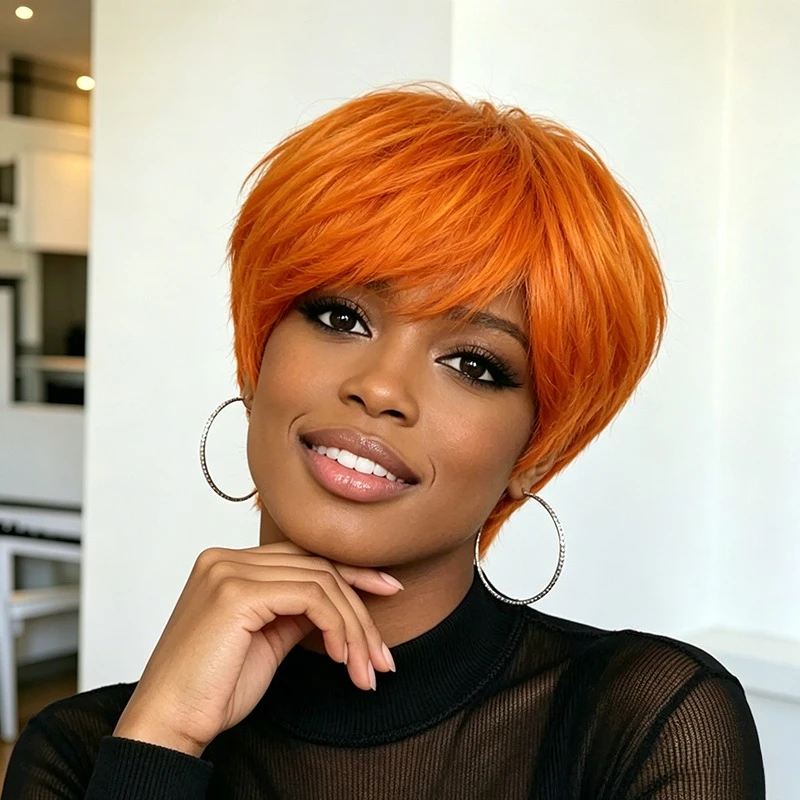 

350# Ginger Orange Color Short Straight Human Hair Wigs Full Machine Made Wigs for Women 150% Density 6 Inch
