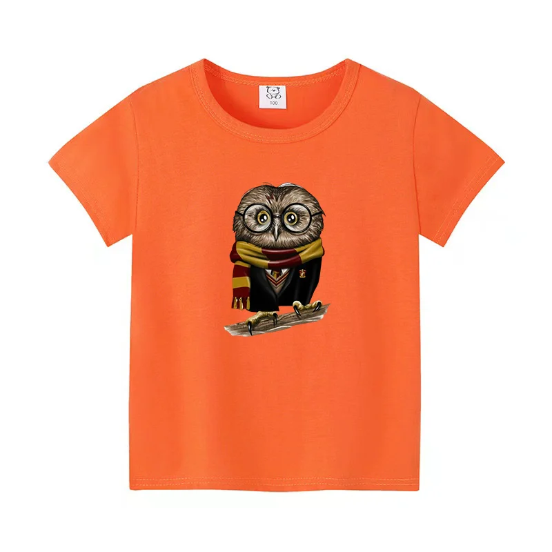 Boys and Girls Owl Print T shirt Baby Cartoon Funny T-shirt Kids Summer Short Sleeve White Tops