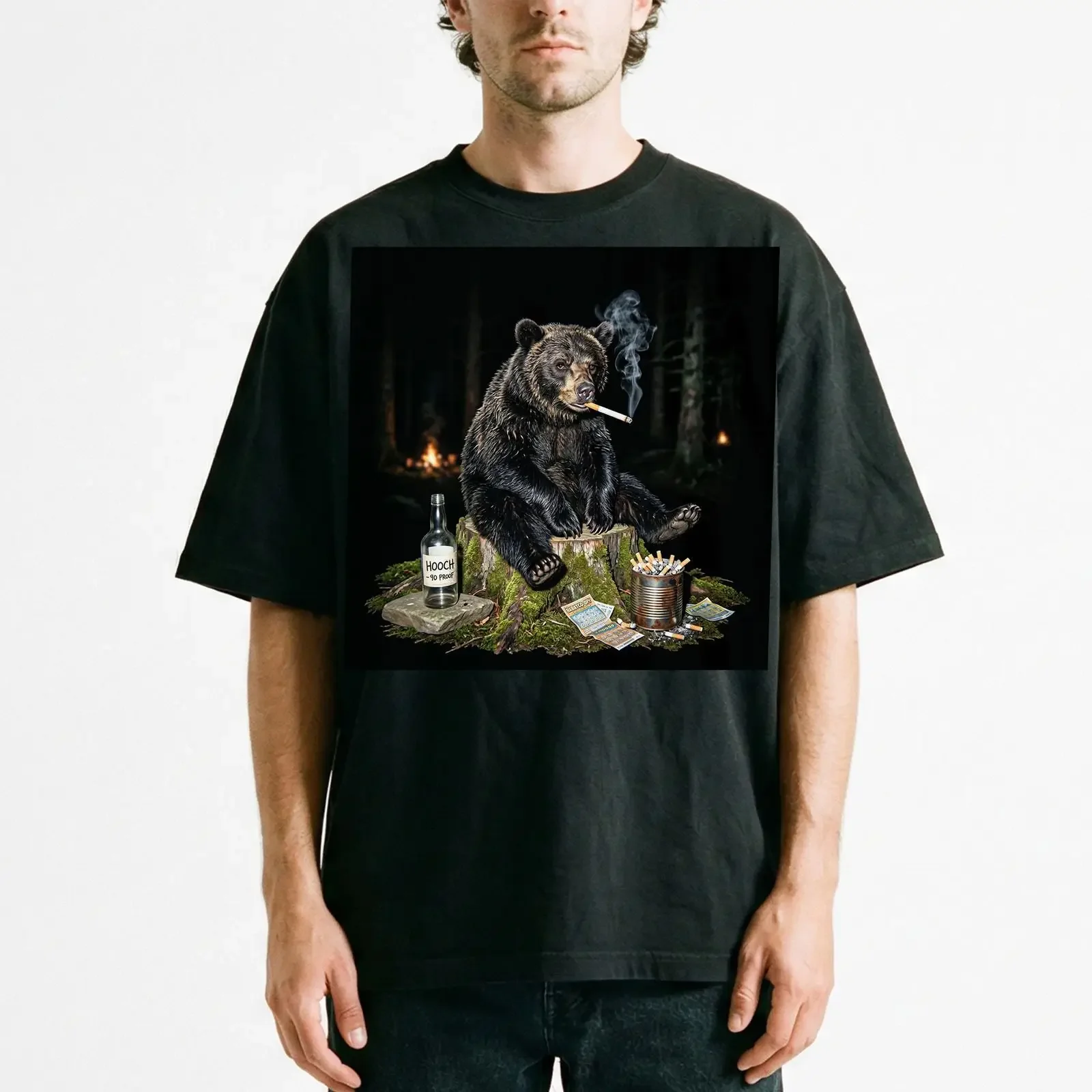 Camiseta Divertida Urso Fumo Hábitos Indiscretos Floresta Fauna Selvática Meme Gráfica Vintage Lavada Elástica Macia