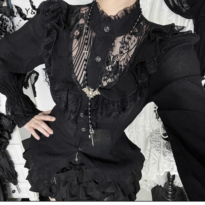 

Halloween Autumn New Lace Hollow Out Long Sleeve Hot Girl Women's Shirt Dark Gothic Design Sweet Cool Sexy Shorts Set Ladies