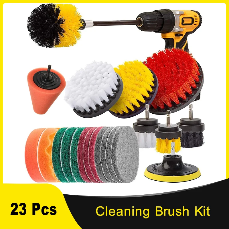 Attachment Drill Cleaning Brush 23 Pieces with Polishing pad and Scouring Pad for Car Rims Bathtub Sink Kitchen Wheels Grill