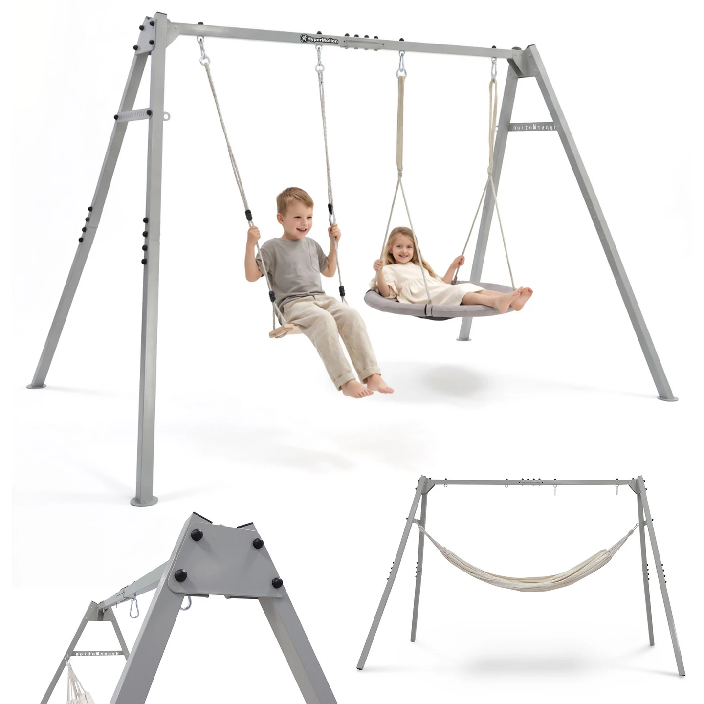 HyperMotion Große Stahl-Gartenschaukel 3-in-1-Set XXL Stork Nest Holz-Hängematte für Kinder Garten 3+