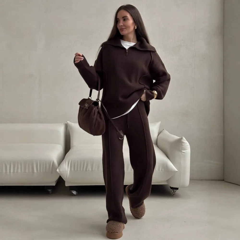 Lichte luxe dagelijkse vestbroekenset herfst en winter dames elegant los warm zacht casual kantoor rits trui broek 2 stuks