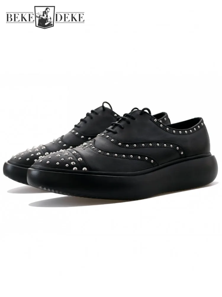 Fashion Men Rivets Casual Shoes Thick Platform Lace Up Oxfords Studded Cowhide Genuine Leather Shoes Runway Designer Footwear