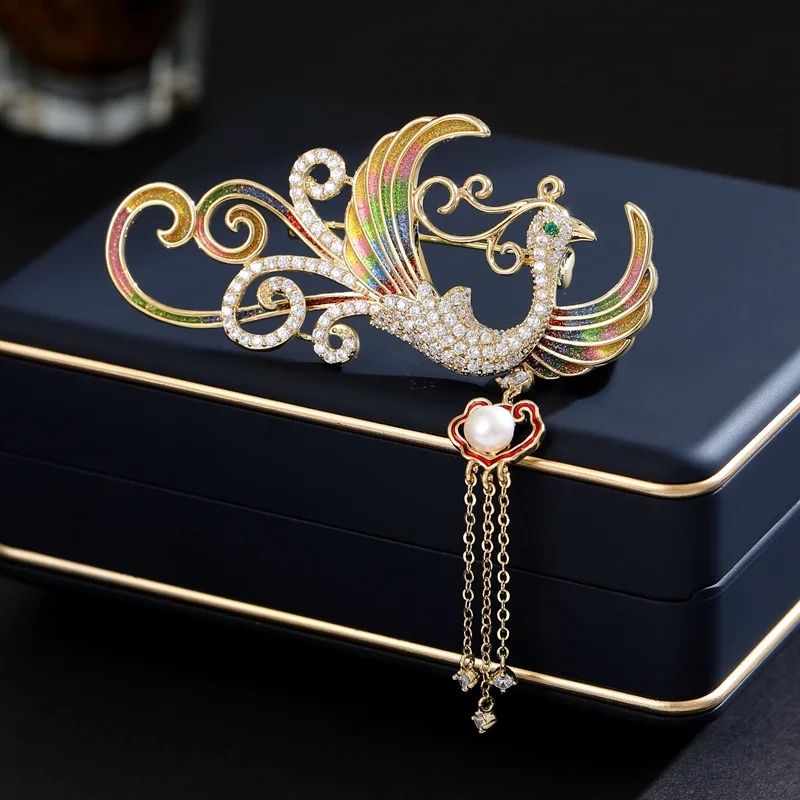 

Elegant and refined oil enamel cheongsam accessory brooch for women, high-end luxury tassel phoenix brooch