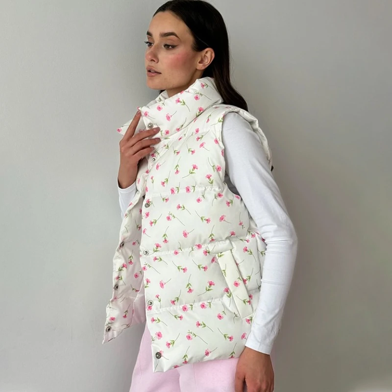 TARUXY Printed Vest Cotton Down Jacket Women's Stand Collar Sleeveless Pocket Warm Cotton Jacket Autumn Winter New Commuter Coat