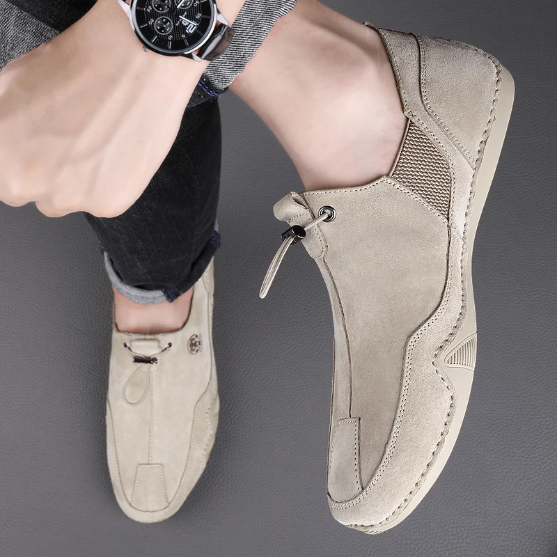 CLOHOO Breathable Light Anti-slip Outdoor Flat Shoes for Men Casual Driving Shoes Genuine Leather Boat Shoes Soft Sole Footwear