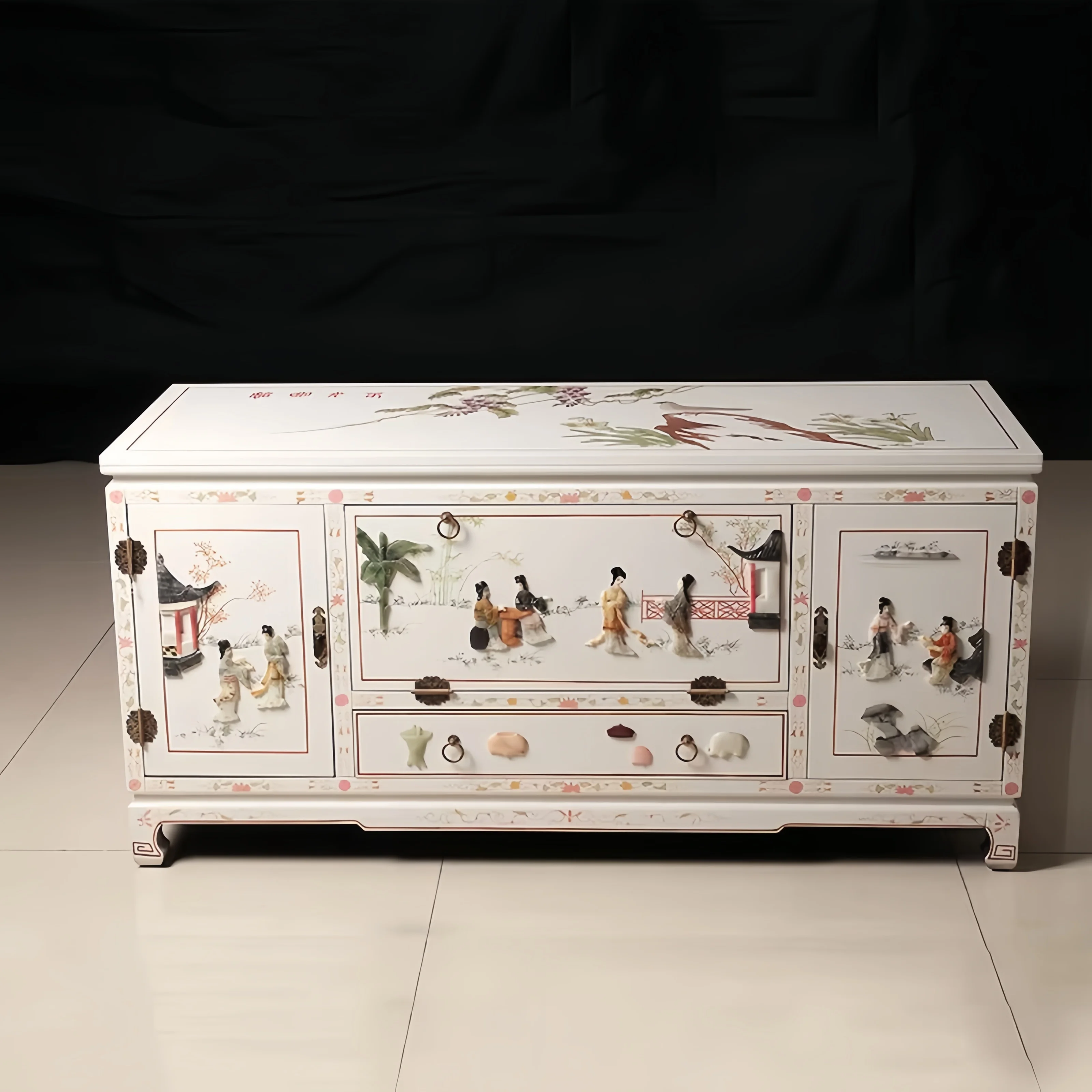 

❁w Four-Door Four-Drawer Wine Cabinet Simple Chinese Furniture with Bone Stone Lacquerware for Living Room From Yangzhou o