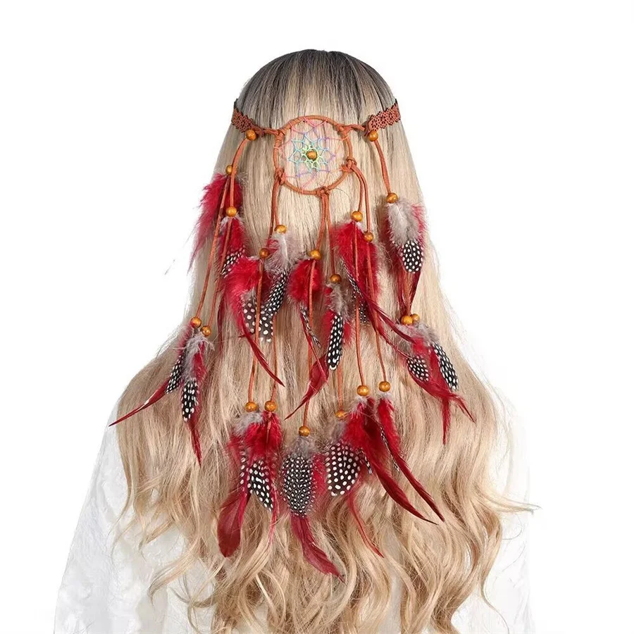 High quality Woman Bohemian Hippie Headband Dream Catcher Feather Headdress Fashion Peacock Feather Headbands Hair Accessories