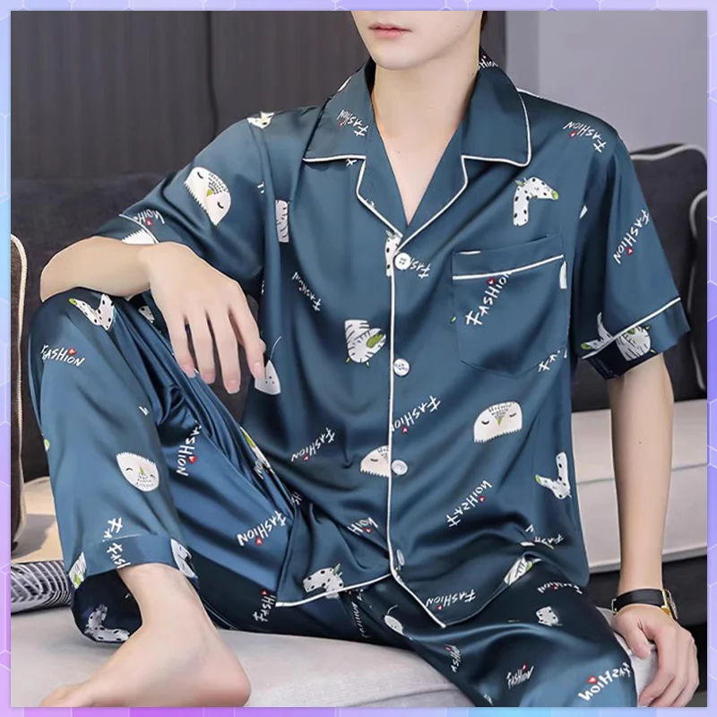 

Summer Luxury Men's Pajama Suit Ice Silk Pajamas With Shorts Sets Sleepwear Casual Pijama Night Home Suit Plus Size Pj Set