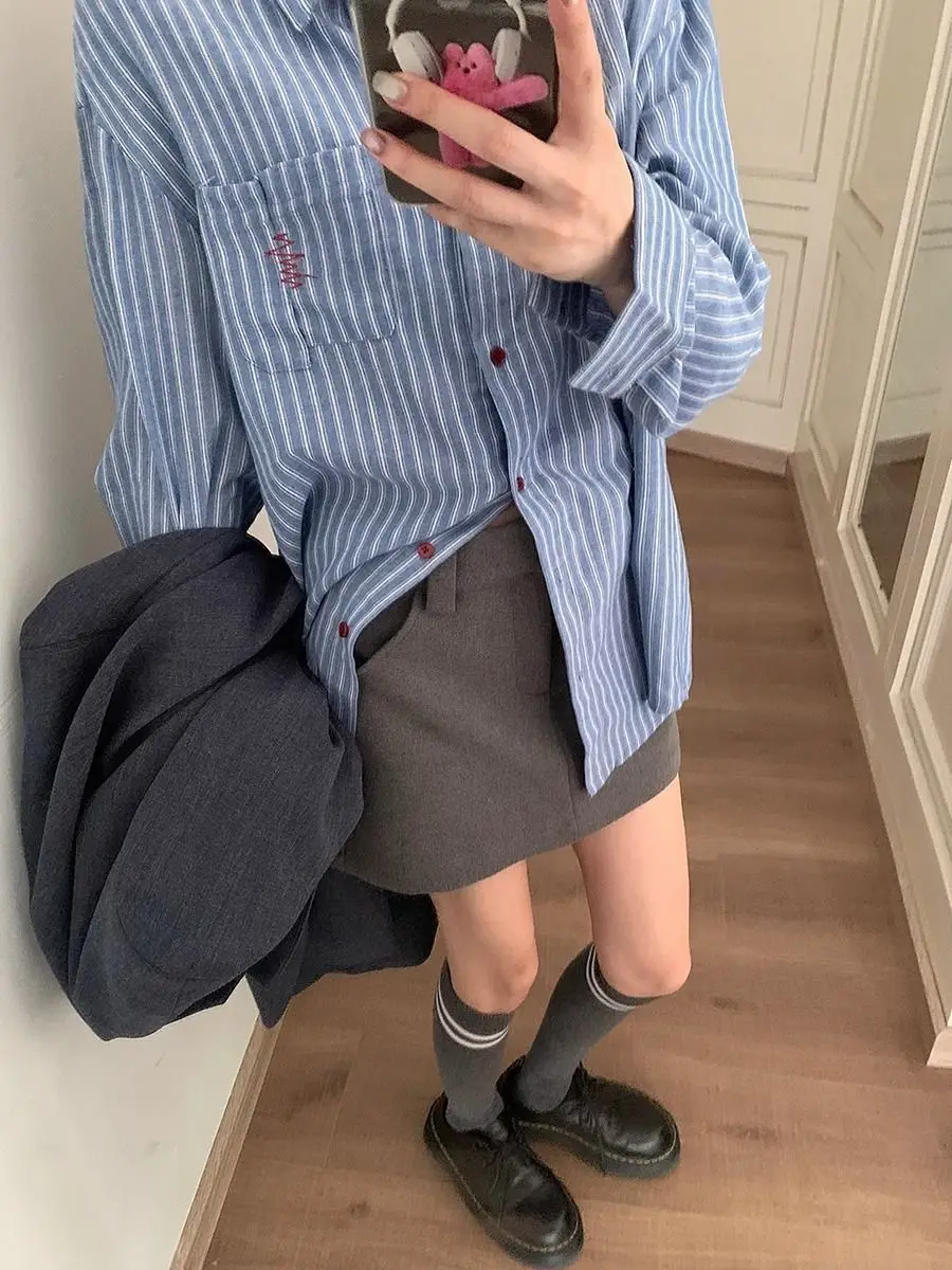 

Contrast Color Striped POLO Collar Casual Shirt Women Spring Autumn New Casual Versatile Loose Jacket Top
