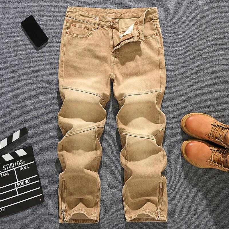 

Retro khaki jeans men's loose straight leg trendy street high-end men's clothing fashionable wide leg pants