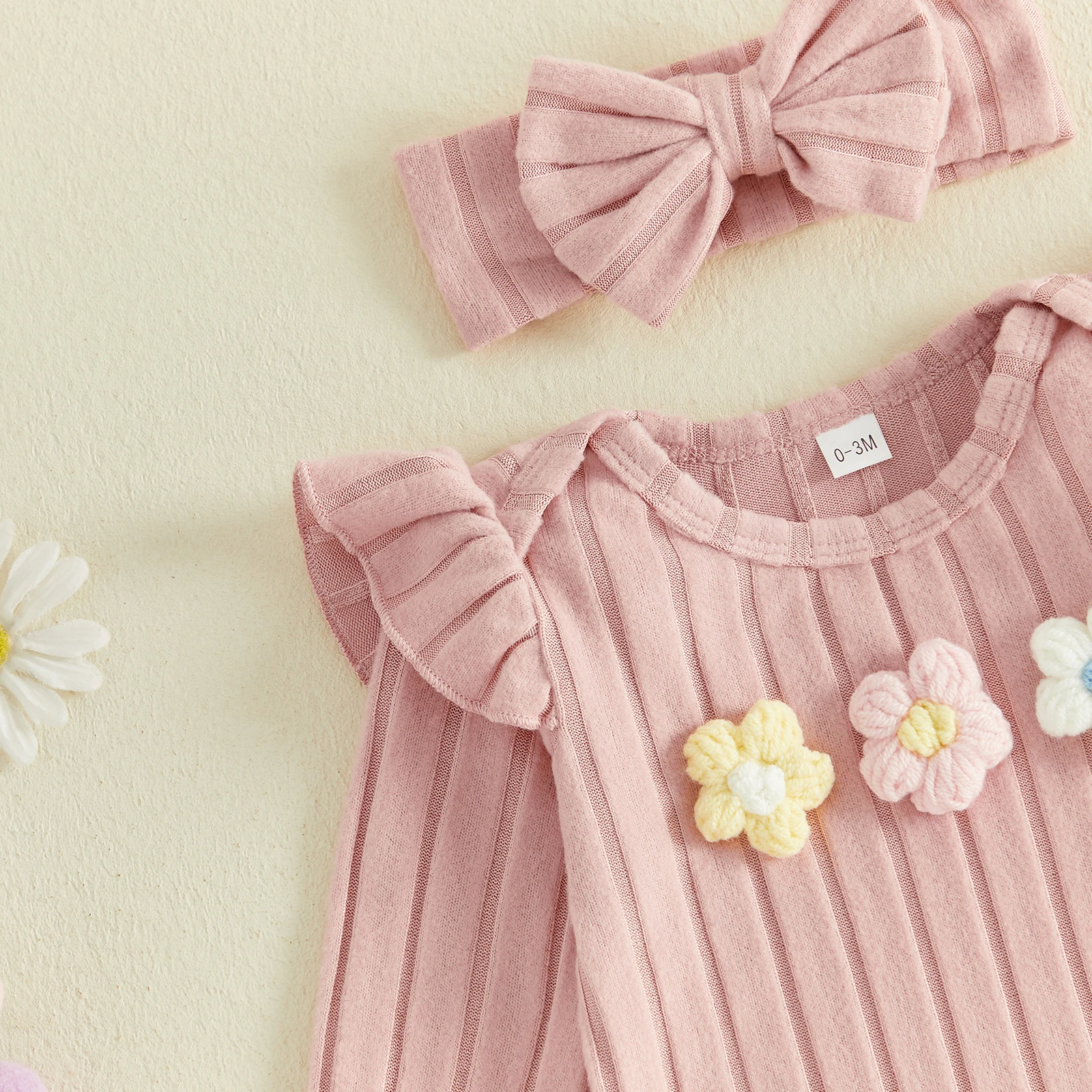 Baby Girl Fall Outfit Set Long Sleeve 3D Flower Decor Bodysuits with Pants Headband Cute Girls Autumn Clothing Set