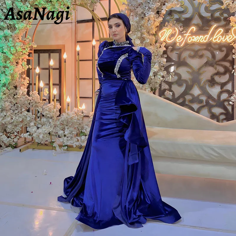 

AsaNagi Muslim Long Sleeve Prom Dress Women's High Neck Elegant Mermaid Party Evening Gown Crystal Floor Length Formal Occasion