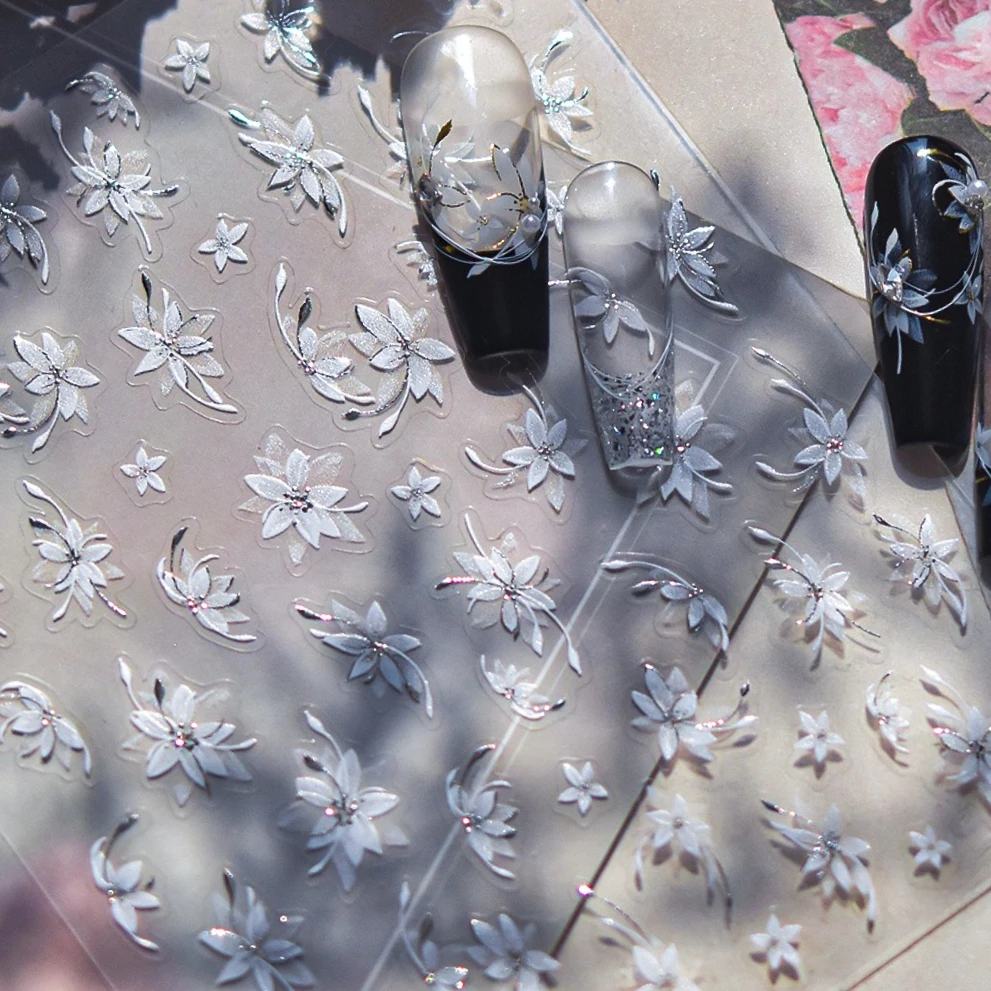 

White Black Grey Petal Translucent Flowers Ink Wash Style Hand Painted Flowers Garden Adhesive Nail Art Stickers Manicure Decals