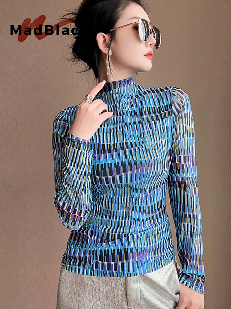 MadBlack-Women European T-Shirt, Sexy Mock Neck Geometry Print, Korean Long Sleeve Slim M-3XL Knit Tee, 2026 Autumn New T69875CC