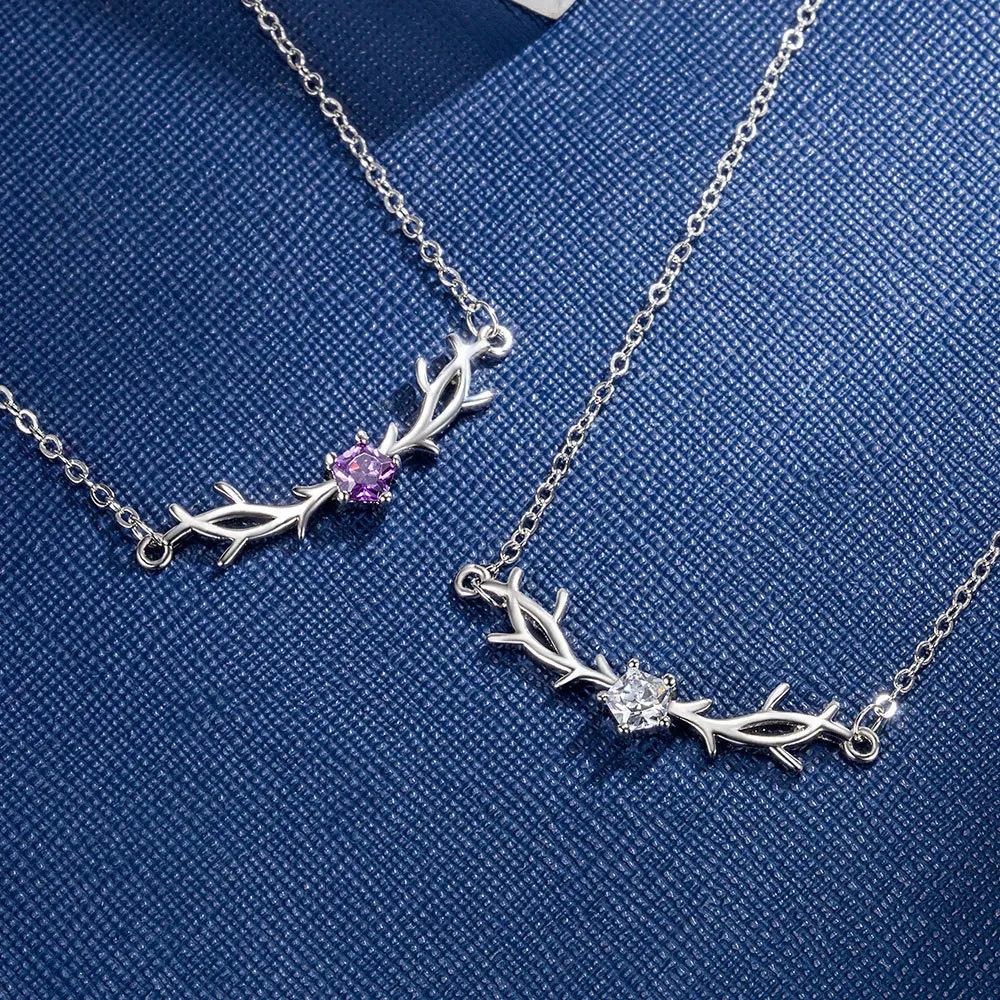 

925 Sterling Silver Antler Necklace for Women, Purple Cubic Zirconia Pendant Clavicle Chain, Minimalist Jewelry Gift