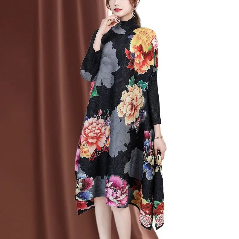 

Black big flower retro plexus dress 2023 spring new fashion foreign air loose large size slim split skirt printing casual dress